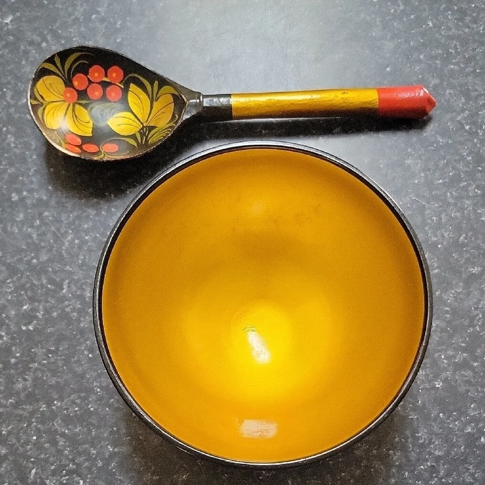 Russian Ukrainian Handcrafted Handpainted Yellow Black Flowers Bowl Spoon Wooden